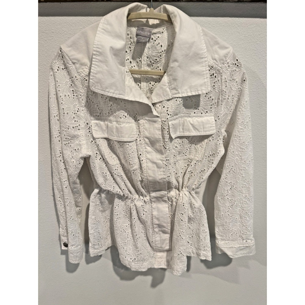Chico's White Eyelet Lace Jacket Sz 2 Button Up 100% Cotton 3/4 sleeve Boho Chic